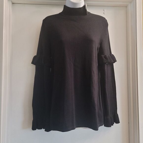 HEATHER B Womens Black Ruffled Ribbed Vented Hem Long Sleeve Mock Neck Sweater - Picture 3 of 5